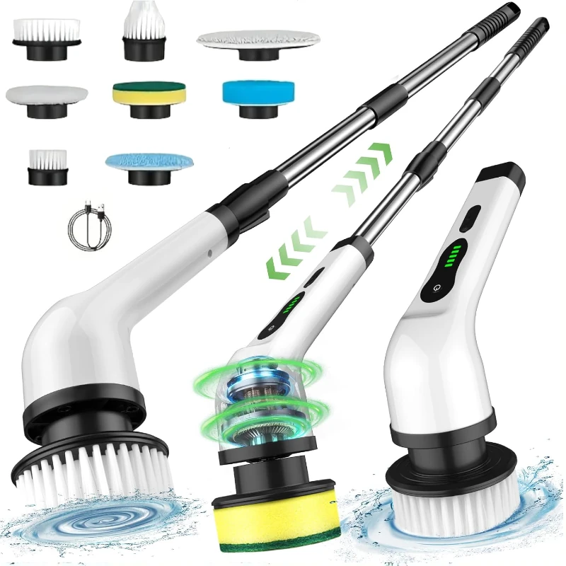 Cepillo de Limpieza Eléctrico 8 en 1 Recargable por USB, mango largo para cocina, baño, vidrios, pisos y más