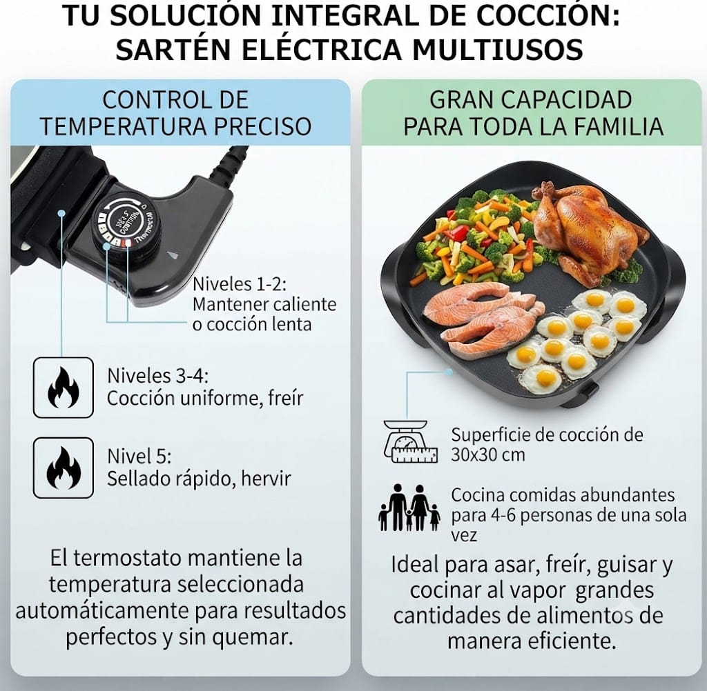 Sartén Eléctrico Multifuncional | Cocina Pollo, Arroz, Carne, Frijoles, Sopas y Guisos, lo que se te ocurra!