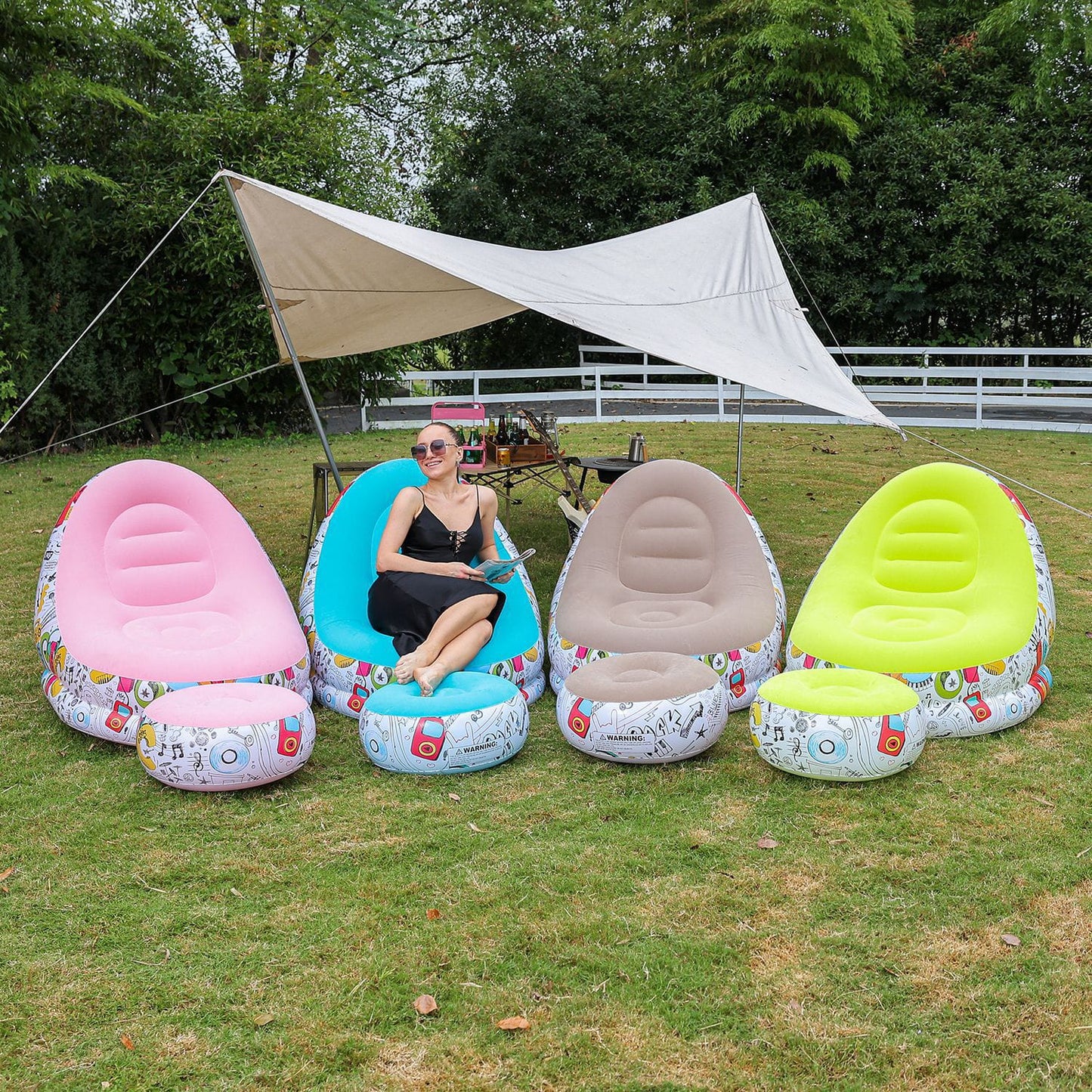 Sofá Puff Inflable Portátil con Respaldo y Reposapiés para Camping, Playa y Descanso al Aire Libre | Diseño Musica